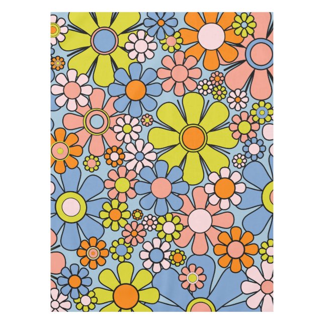 Retro Garden Flowers 60s 70s Spring Floral Pattern Tablecloth (Front)