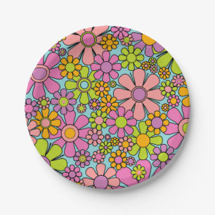 Retro Garden Flowers 60s Colourful Floral Pattern Paper Plate