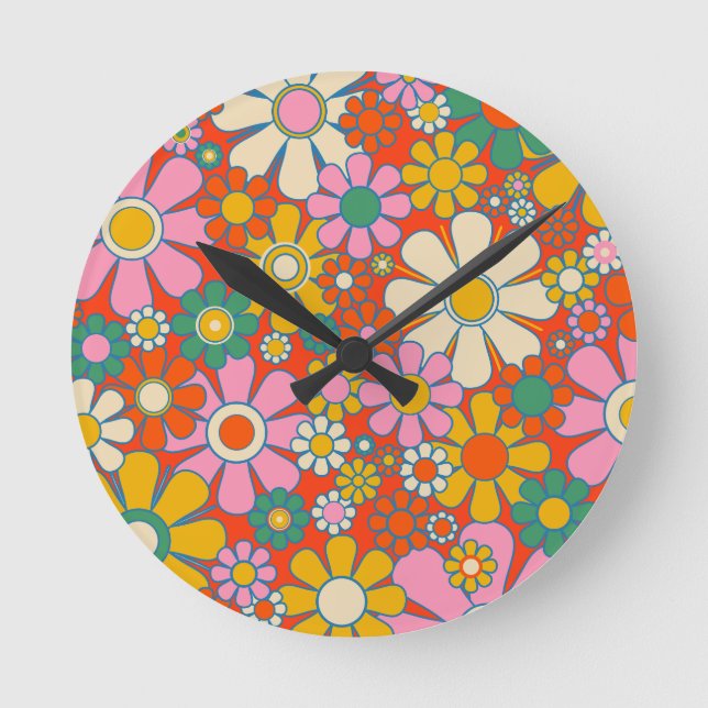  Retro Garden Flowers Colourful 60s 70s Floral Round Clock (Front)