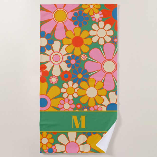 Retro Garden Flowers Colourful Floral Pattern Beach Towel (Front)