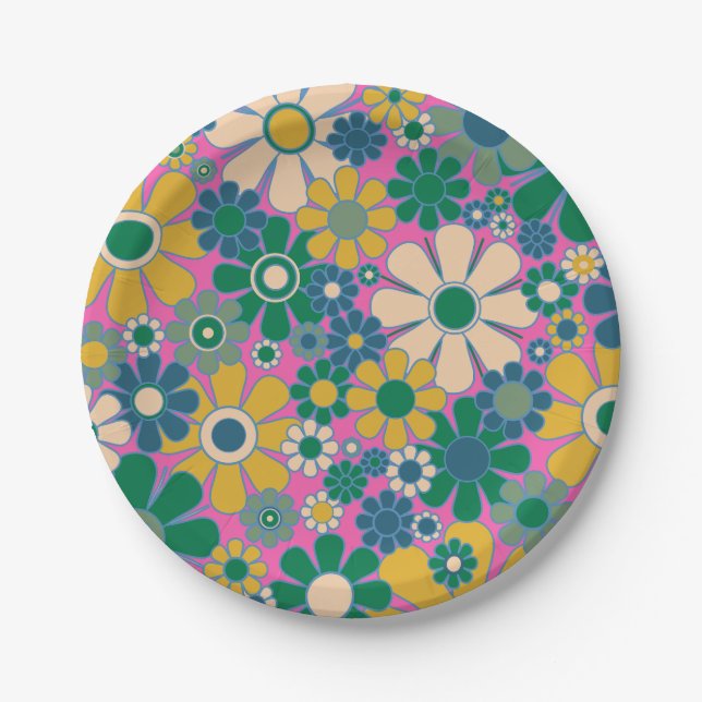 Retro Garden Flowers Groovy 60s 70s Floral Pattern Paper Plate (Front)