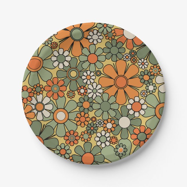 Retro Garden Flowers Groovy 60s 70s Floral Pattern Paper Plate (Front)