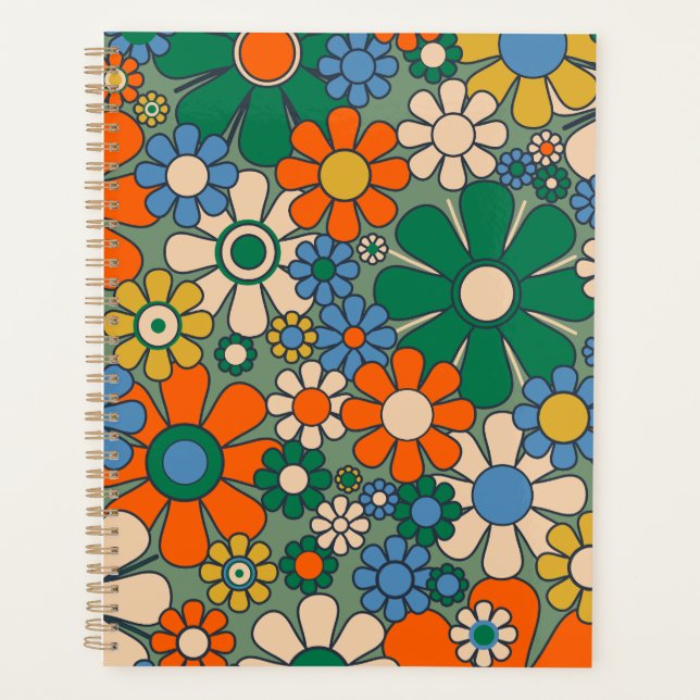 Retro Garden Flowers Groovy 60s 70s Floral Pattern Planner (Front)