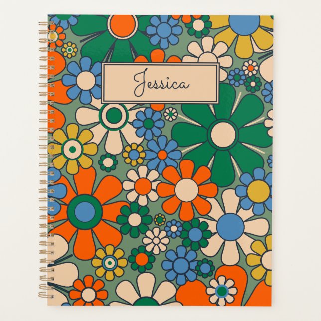 Retro Garden Flowers Groovy 60s 70s Floral Pattern Planner (Front)