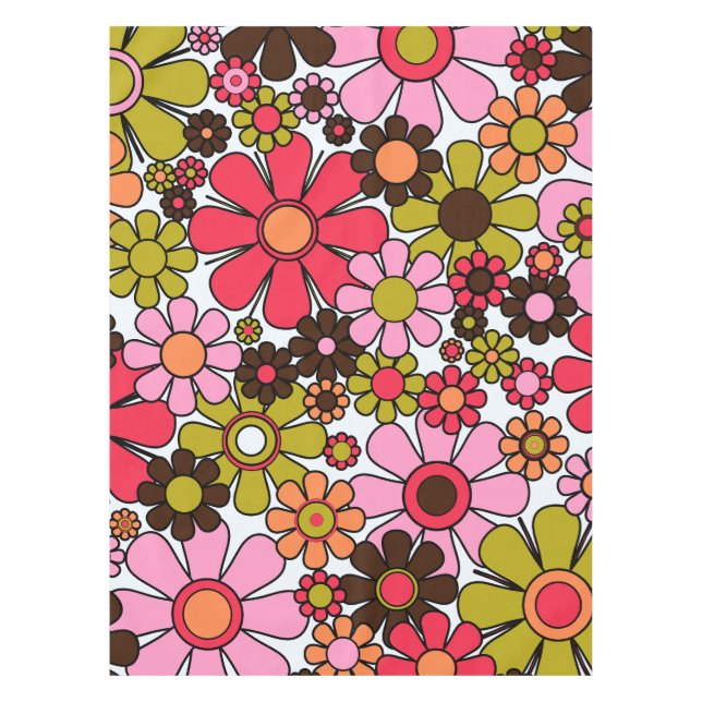 Retro Garden Flowers Groovy 60s 70s Floral Pattern Tablecloth (Front)