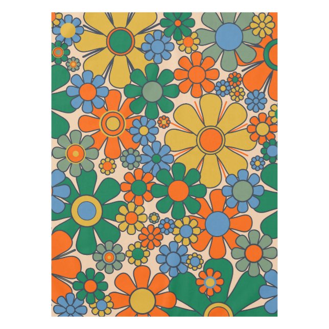 Retro Garden Flowers Groovy 60s 70s Floral Pattern Tablecloth (Front)