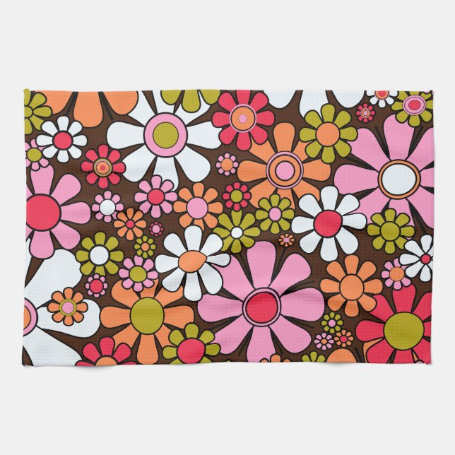 Retro Garden Flowers Groovy 60s 70s Floral Pattern Tea Towel (Horizontal)