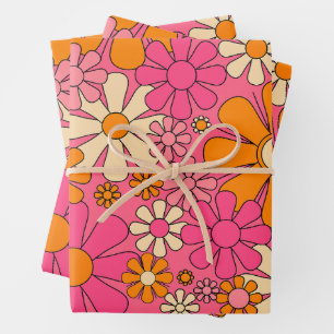 Retro Garden Flowers Groovy 60s 70s Pink Floral  Wrapping Paper Sheet