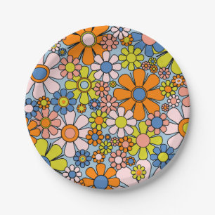 Retro Garden Flowers Groovy 60s 70s Spring Floral  Paper Plate
