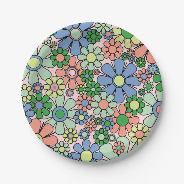 Retro Garden Flowers Groovy 60s 70s Spring Floral Paper Plate (Front)