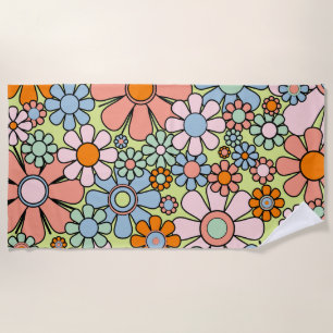 Retro Garden Flowers Groovy 60s 70s Spring Pastel Beach Towel