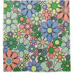 Retro Garden Flowers Groovy 60s 70s Spring Pastel Shower Curtain
