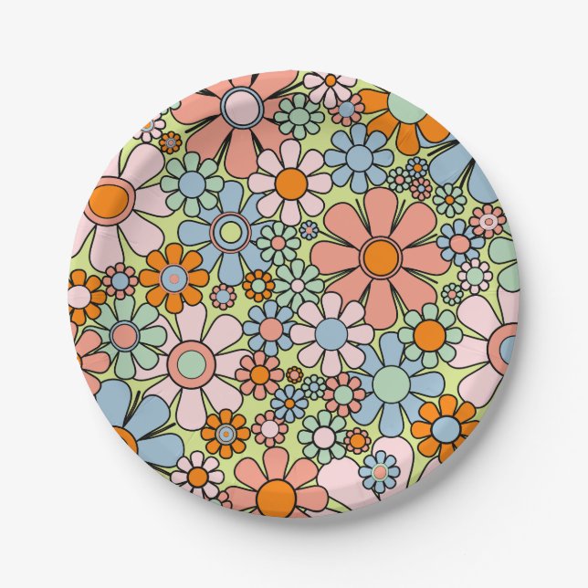 Retro Garden Flowers Groovy 60s 70s Spring Pattern Paper Plate (Front)