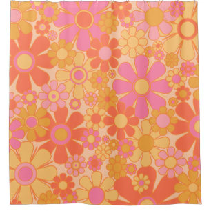 Retro Garden Flowers Groovy Floral Pink Yellow  Shower Curtain