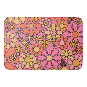 Retro Garden Flowers Groovy Pink 60s 70s Floral Bath Mat