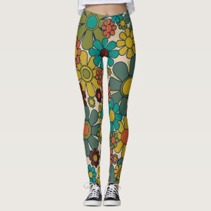 Retro Garden Gingham Flowers 70s Floral Pattern Leggings