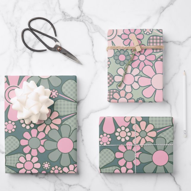 Retro Garden Gingham Flowers Floral Pattern  Wrapping Paper Sheet (Front)