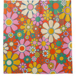 Retro Garden Groovy 60s 70s Floral Pattern Shower Curtain