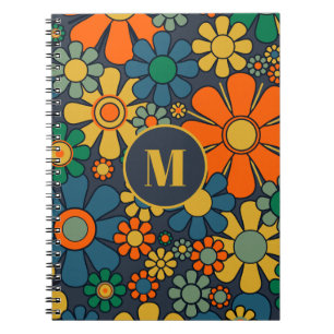 Retro Garden Groovy Floral 60s 70s Pattern Initial Notebook