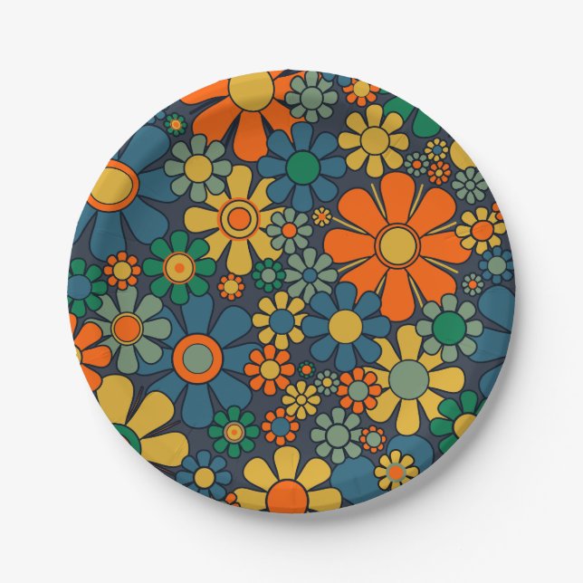 Retro Garden Groovy Floral 60s 70s Pattern Paper Plate (Front)