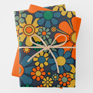 Retro Garden Groovy Floral 60s 70s Pattern Wrapping Paper Sheet