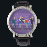 Retro Gay Bar Watch<br><div class="desc">This Retro Gay Bar Watch design is purple, kitschy, and utterly fabulous! Sitting on mid century modern barstools, drinking their fun, pink beverages, these dapper gentlemen are having a gay ol’ time. The hunky bartender with a pink bowtie is already pouring the next round. The silhouettes of atomic liquor bottles...</div>