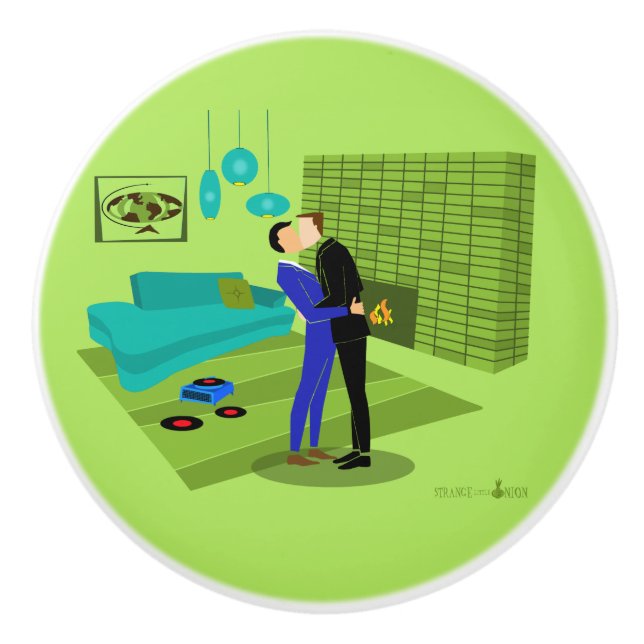 Retro Gay Couple in Love Ceramic Knob (Front)