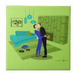 Retro Gay Couple in Love Ceramic Tile<br><div class="desc">This Retro Gay Couple in Love Tile design is the perfect blend of passion and kitsch. The 1960s style, minimalist art design features an attractive gay couple kissing in the middle of there impeccably decorated time capsule home. The lime green brick fireplace sets the mood for the well-groomed gentlemen, as...</div>