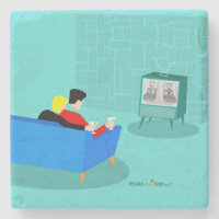 Retro Gay Couple Watching TV Stone Coaster