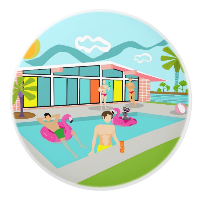 Retro Gay Pink Flamingo Pool Party Ceramic Knob (Front)