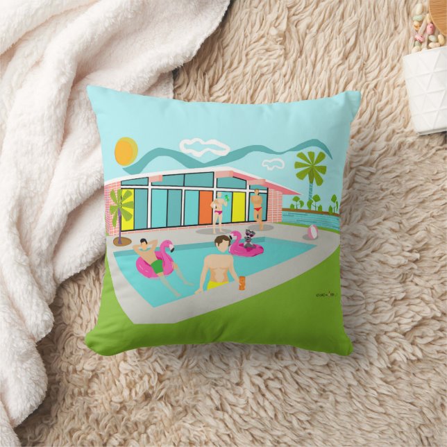 Retro Gay Pink Flamingo Pool Party  Cushion (Blanket)