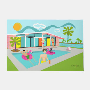 Retro Gay Pink Flamingo Pool Party  Doormat