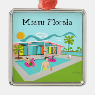 Retro Gay Pink Flamingo Pool Party Miami  Metal Ornament
