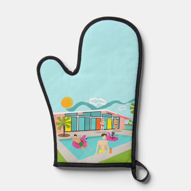Retro Gay Pink Flamingo Pool Party  Oven Mitt (Front)