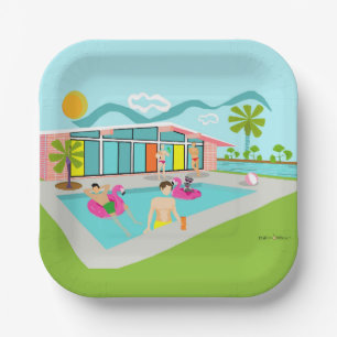 Retro Gay Pink Flamingo Pool Party Paper Plate