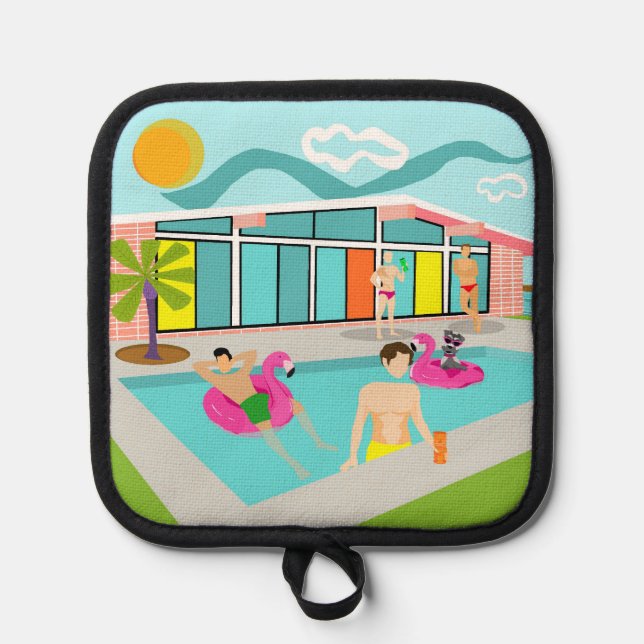 Retro Gay Pink Flamingo Pool Party  Pot Holder (Front)