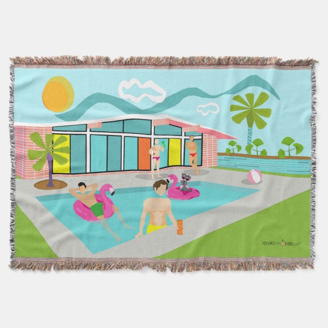 Retro Gay Pink Flamingo Pool Party Throw Blanket (Front)