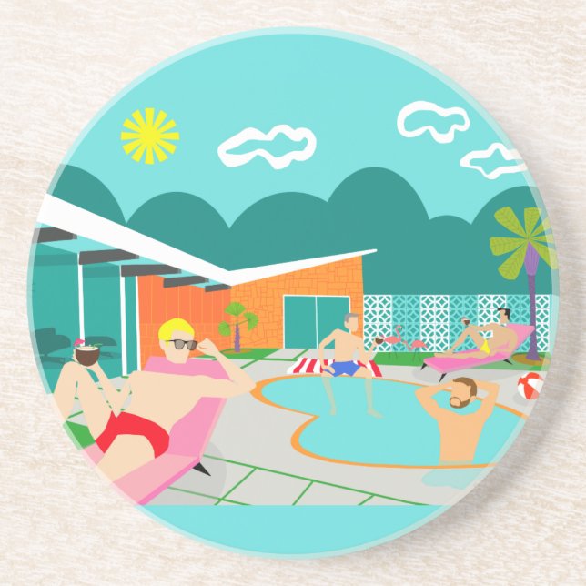 Retro Gay Pool Party Sandstone Coaster (Front)