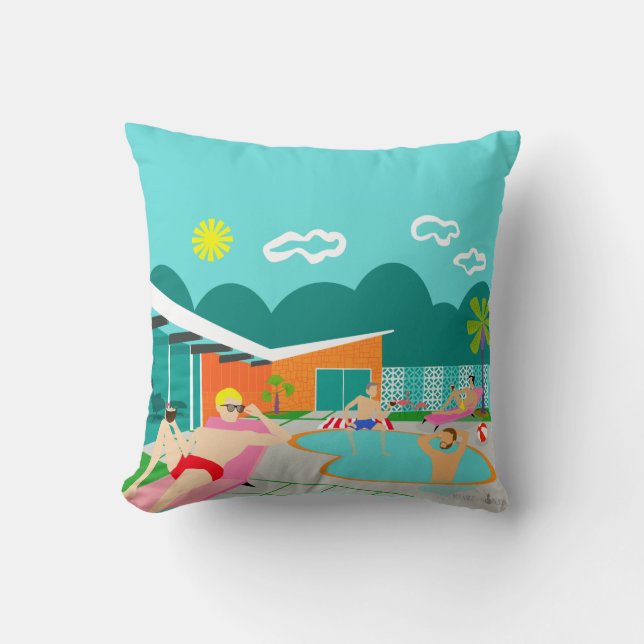 Retro Gay Pool Party Throw Pillow (Front)