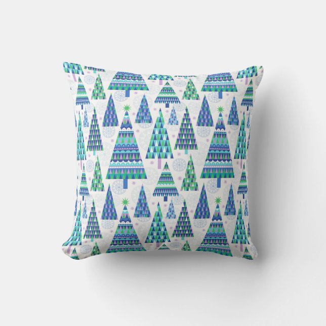 Retro Geo Scandi Christmas Trees Blue & Green Cushion (Front)