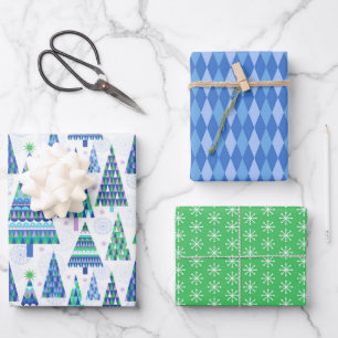 Retro Geo Scandi Christmas Trees Blue & Green Wrapping Paper Sheet