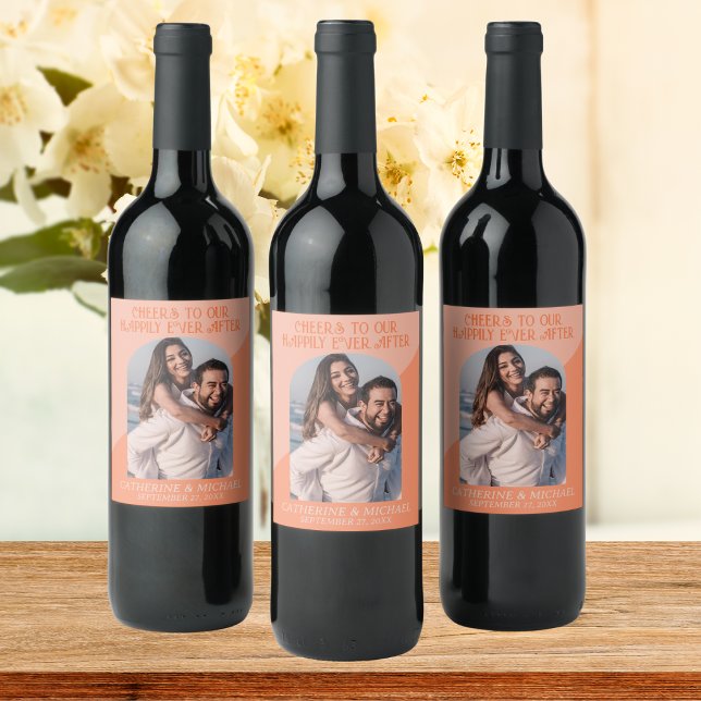 Retro Geometric 70's Arch Peach & Orange Wedding Wine Label (Creator Uploaded)