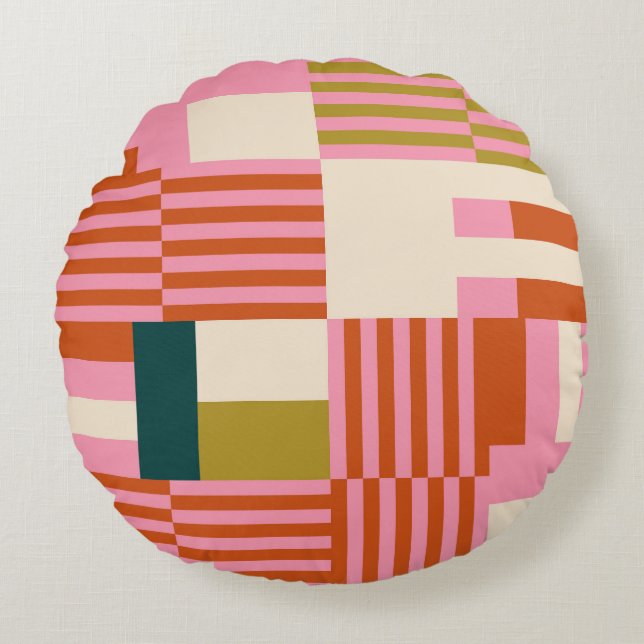 Retro Geometric Abstract Mosaic Round Cushion (Front)