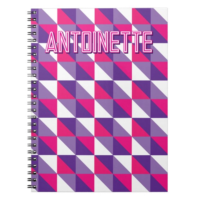 Retro Geometric Abstract Pink Purple & White Name Notebook (Front)