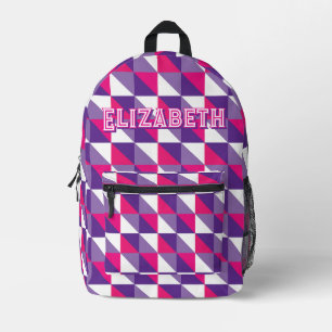 Retro Geometric Abstract Pink Purple & White Name Printed Backpack