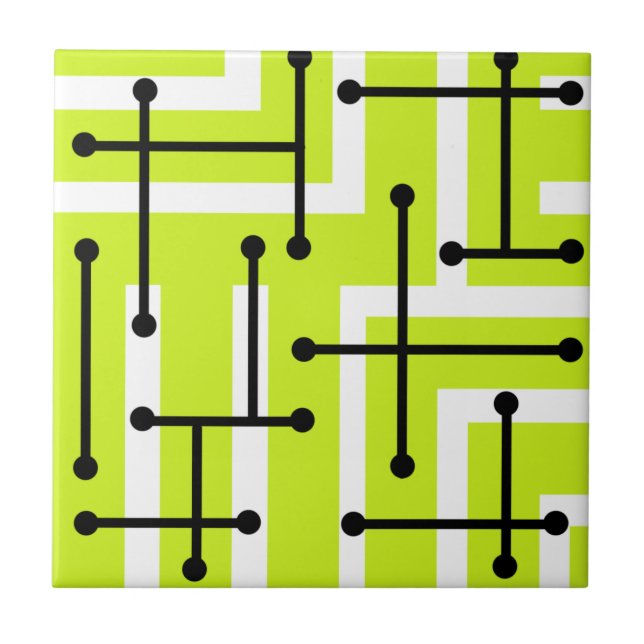 Retro Geometric Art Maze Chartreuse Ceramic Tile (Front)
