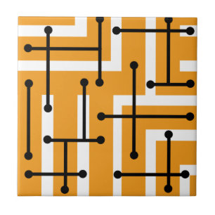 Retro Geometric Art Maze Orange Ceramic Tile