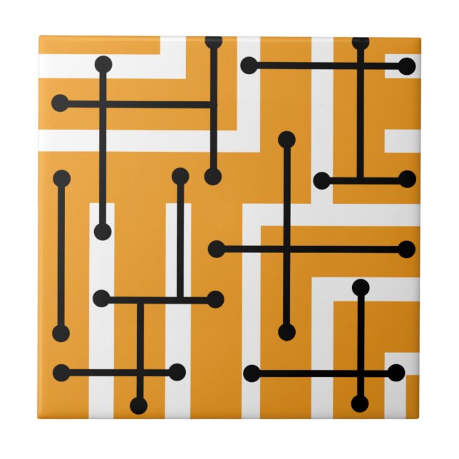 Retro Geometric Art Maze Orange Ceramic Tile (Front)
