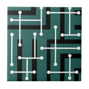 Retro Geometric Art Maze Teal Ceramic Tile