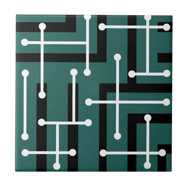 Retro Geometric Art Maze Teal Ceramic Tile (Front)